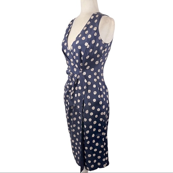 ST. JOHN Sleeveless Faux Wrap Silk Polka Dot Dress - Picture 4 of 13